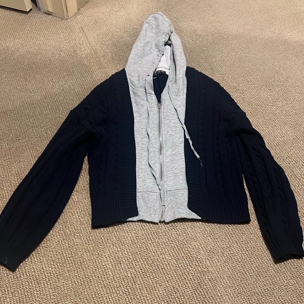 Navy blue sweater with gray zipped insert